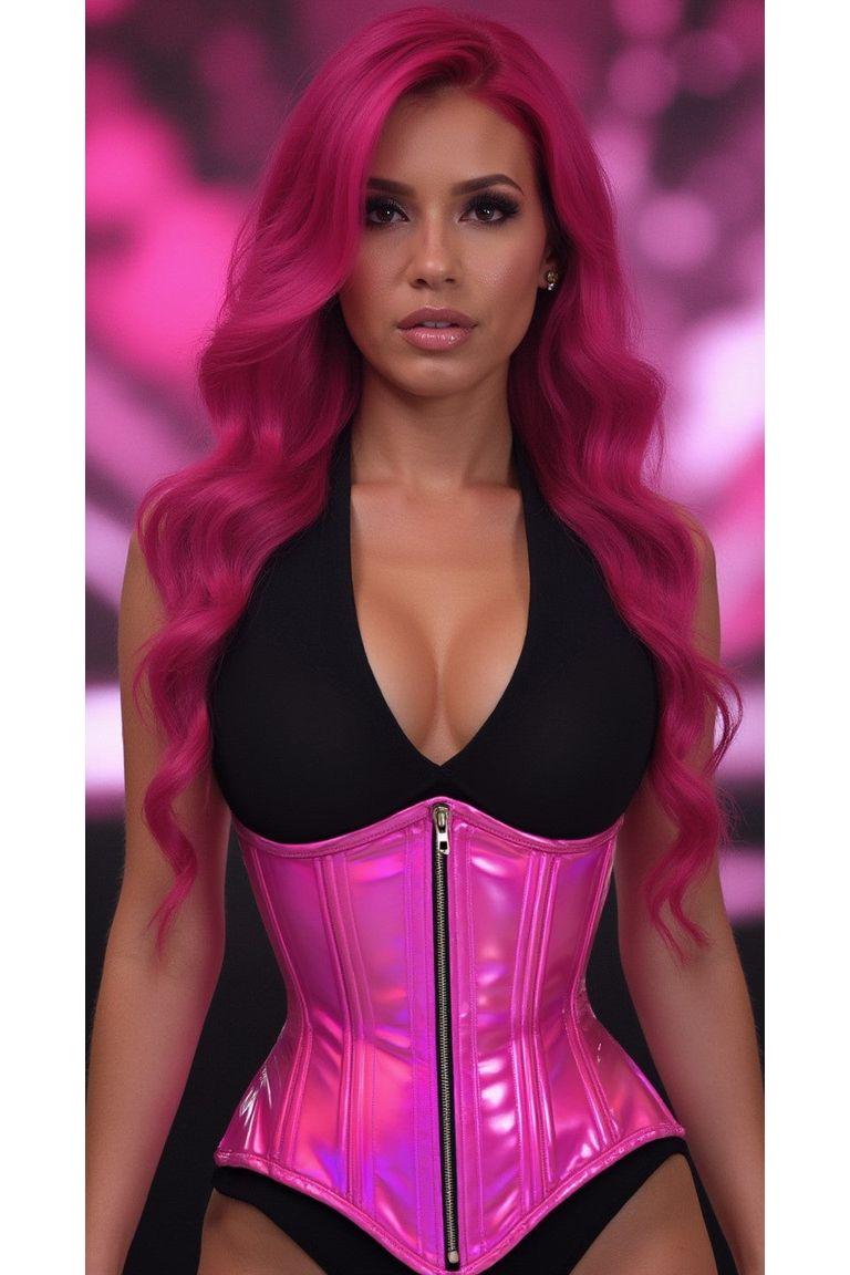 Top Drawer Fuchsia Holo Double Steel Boned Underbust Waist Cincher Corset-Waist Cinchers-SEXYSHOES.COM
