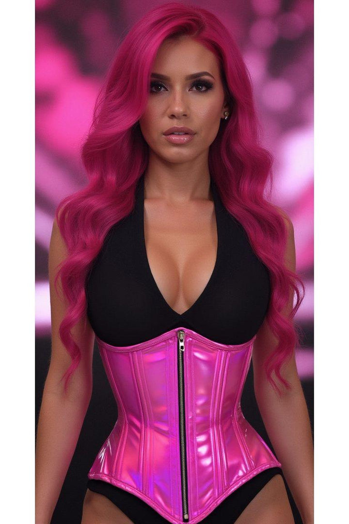 Top Drawer Fuchsia Holo Double Steel Boned Underbust Waist Cincher Corset-Waist Cinchers-SEXYSHOES.COM
