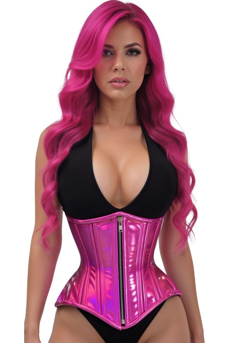 Top Drawer Fuchsia Holo Double Steel Boned Underbust Waist Cincher Corset-Waist Cinchers-SEXYSHOES.COM