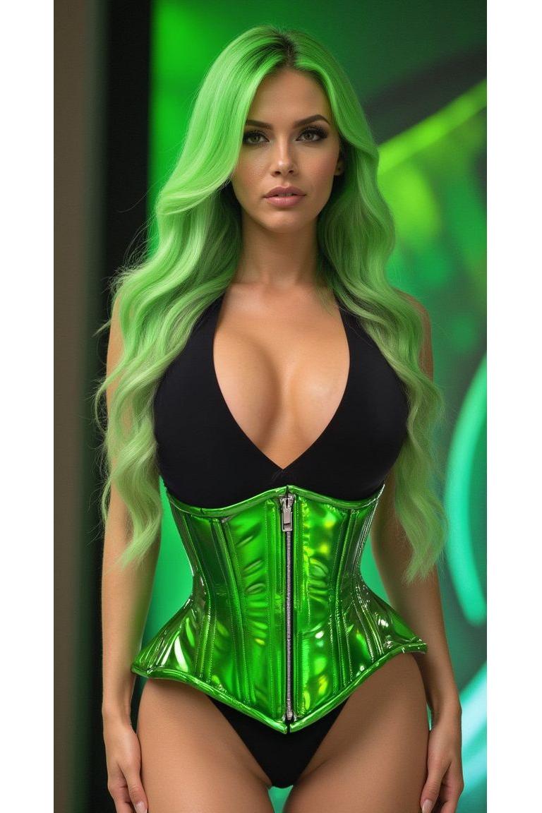 Top Drawer Green Holo Double Steel Boned Underbust Waist Cincher Corset-Waist Cinchers-SEXYSHOES.COM