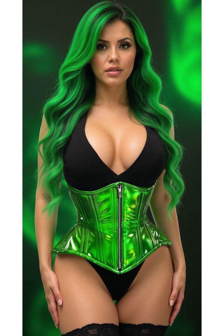 Top Drawer Green Holo Double Steel Boned Underbust Waist Cincher Corset-Waist Cinchers-SEXYSHOES.COM
