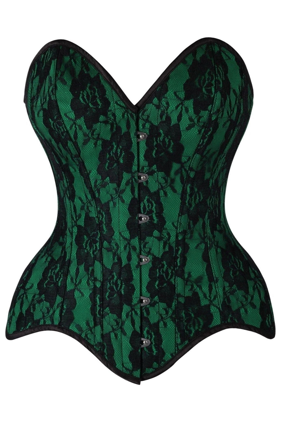 Daisy Corsets Top Drawer Green Satin w/Black Lace Overlay Steel Boned Overbust Corset in Green  from SexyShoes.com