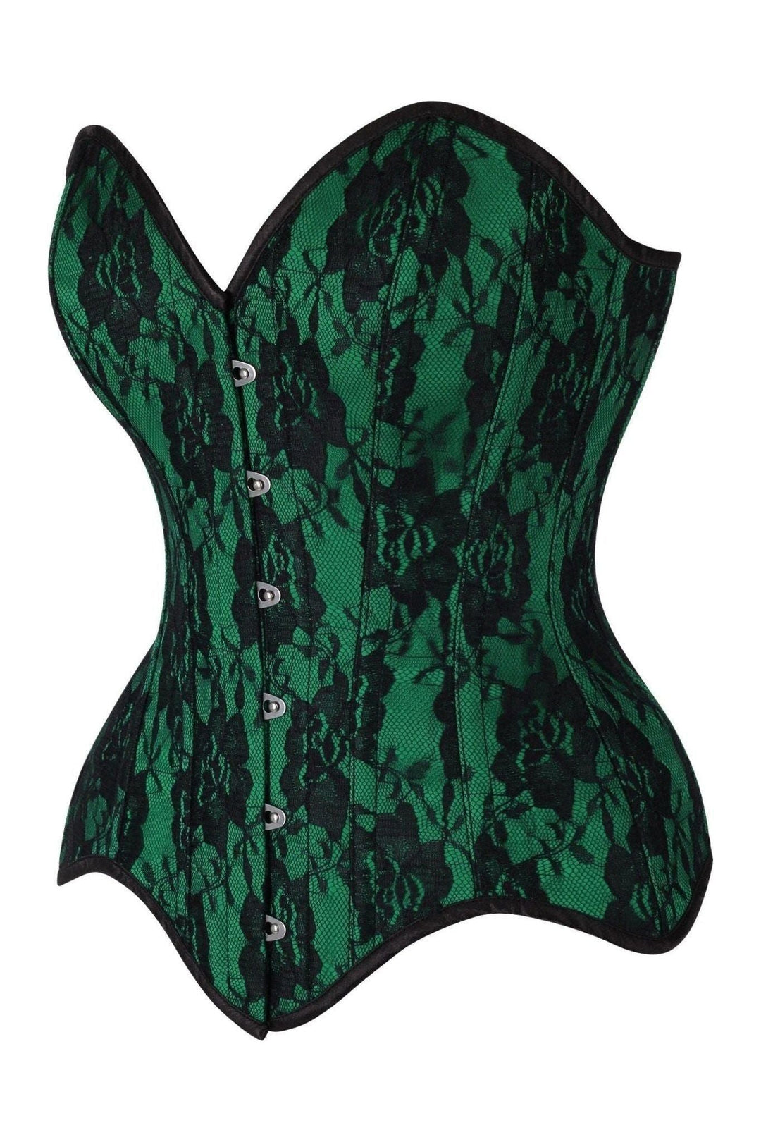 Daisy Corsets Top Drawer Green Satin w/Black Lace Overlay Steel Boned Overbust Corset in Green