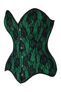 Daisy Corsets Top Drawer Green Satin w/Black Lace Overlay Steel Boned Overbust Corset in Green