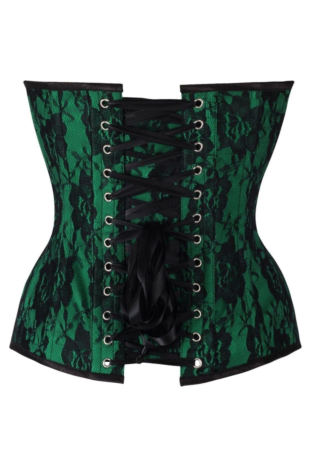 Daisy Corsets Top Drawer Green Satin w/Black Lace Overlay Steel Boned Overbust Corset in Green