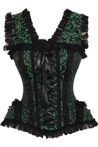 Daisy Corsets Top Drawer Green/Black Swirl Brocade & Lace Steel Boned Corset w/Cap Sleeves in Green  from SexyShoes.com