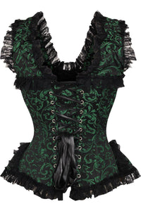 Daisy Corsets Top Drawer Green/Black Swirl Brocade & Lace Steel Boned Corset w/Cap Sleeves in Green