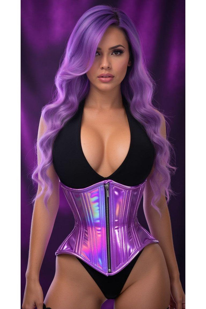 Top Drawer Lavender Holo Double Steel Boned Underbust Waist Cincher Corset-Waist Cinchers-SEXYSHOES.COM