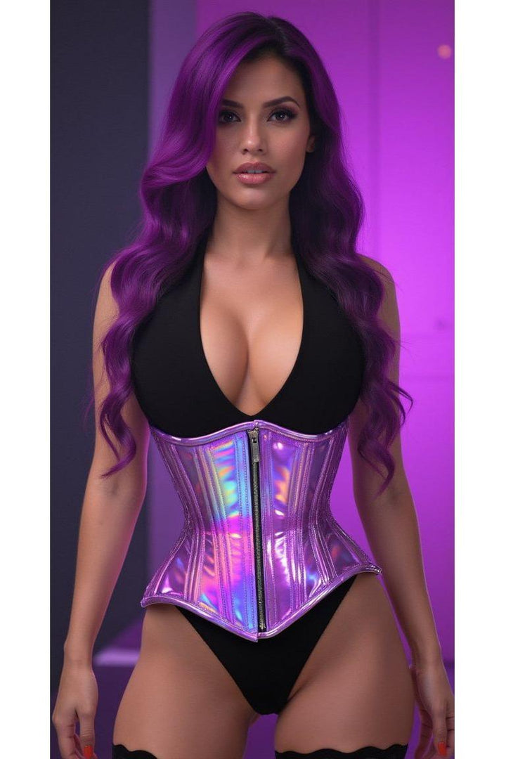 Top Drawer Lavender Holo Double Steel Boned Underbust Waist Cincher Corset-Waist Cinchers-SEXYSHOES.COM