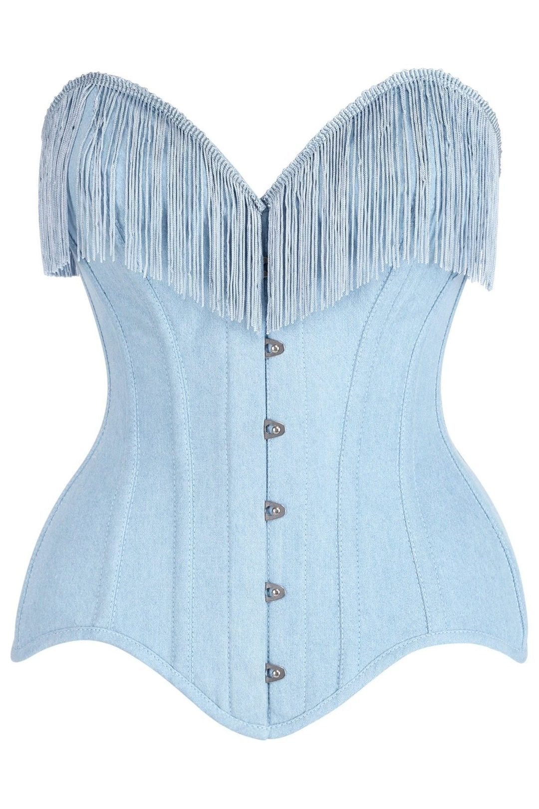 Daisy Corsets Top Drawer Light Blue Denim Steel Boned Overbust Corset w/Fringe in Blue  from SexyShoes.com