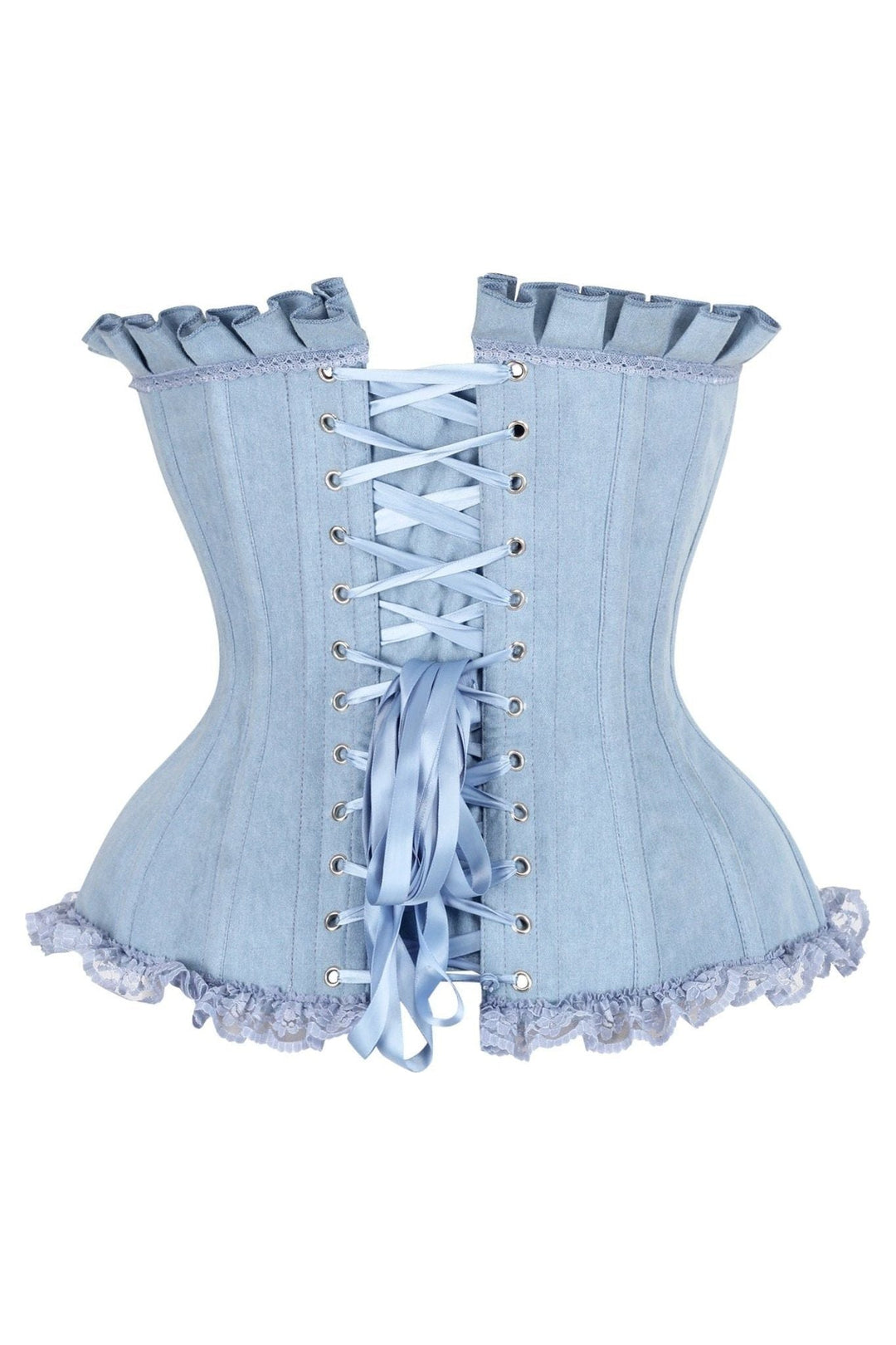 Daisy Corsets Top Drawer Light Blue Denim Underwire Steel Boned Burlesque Corset w/Bows in Blue