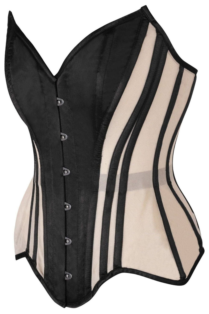 Daisy Corsets Top Drawer Nude Mesh & Black Satin Steel Boned Overbust Corset in Ivory