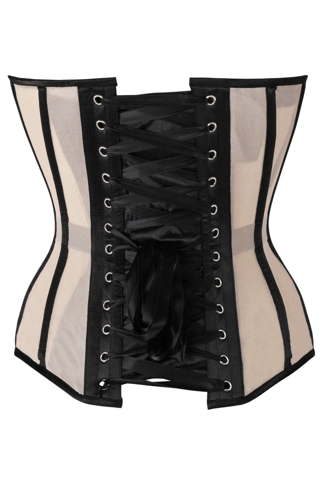 Daisy Corsets Top Drawer Nude Mesh & Black Satin Steel Boned Overbust Corset in Ivory