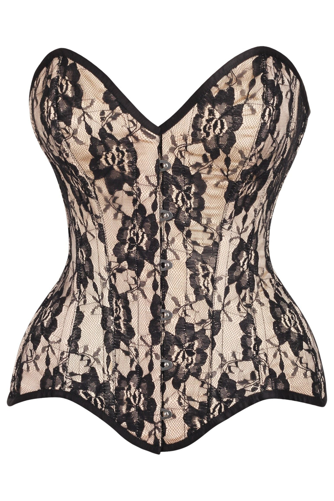 Daisy Corsets Top Drawer Nude Satin w/Black Lace Overlay Steel Boned Overbust Corset in Ivory  from SexyShoes.com