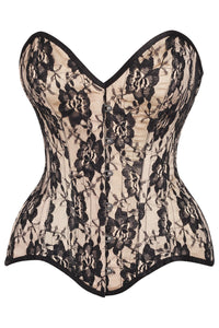 Daisy Corsets Top Drawer Nude Satin w/Black Lace Overlay Steel Boned Overbust Corset in Ivory  from SexyShoes.com