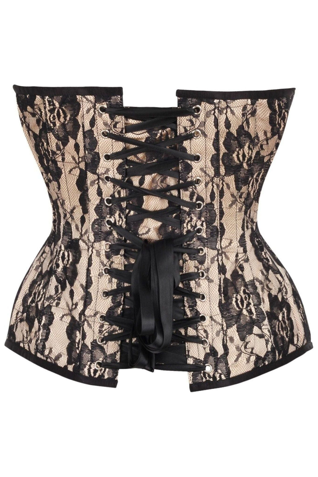 Daisy Corsets Top Drawer Nude Satin w/Black Lace Overlay Steel Boned Overbust Corset in Ivory