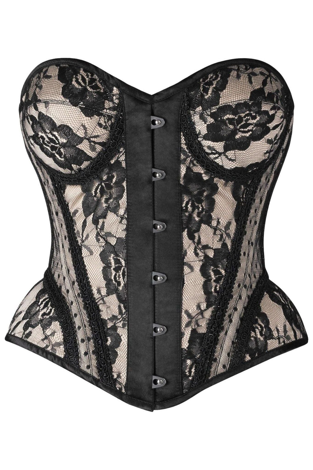 Daisy Corsets Top Drawer Nude w/Black Lace Steel Boned Underwire Bustier Corset in Ivory  from SexyShoes.com