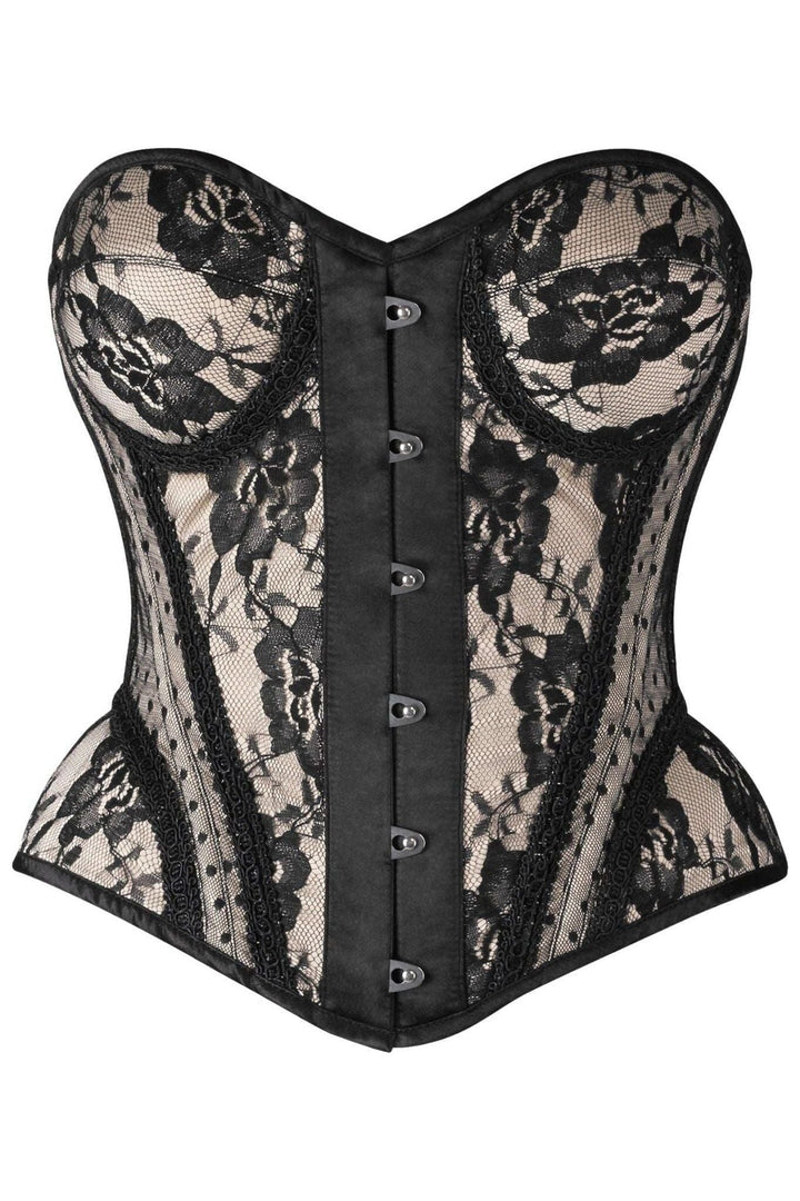 Daisy Corsets Top Drawer Nude w/Black Lace Steel Boned Underwire Bustier Corset in Ivory  from SexyShoes.com
