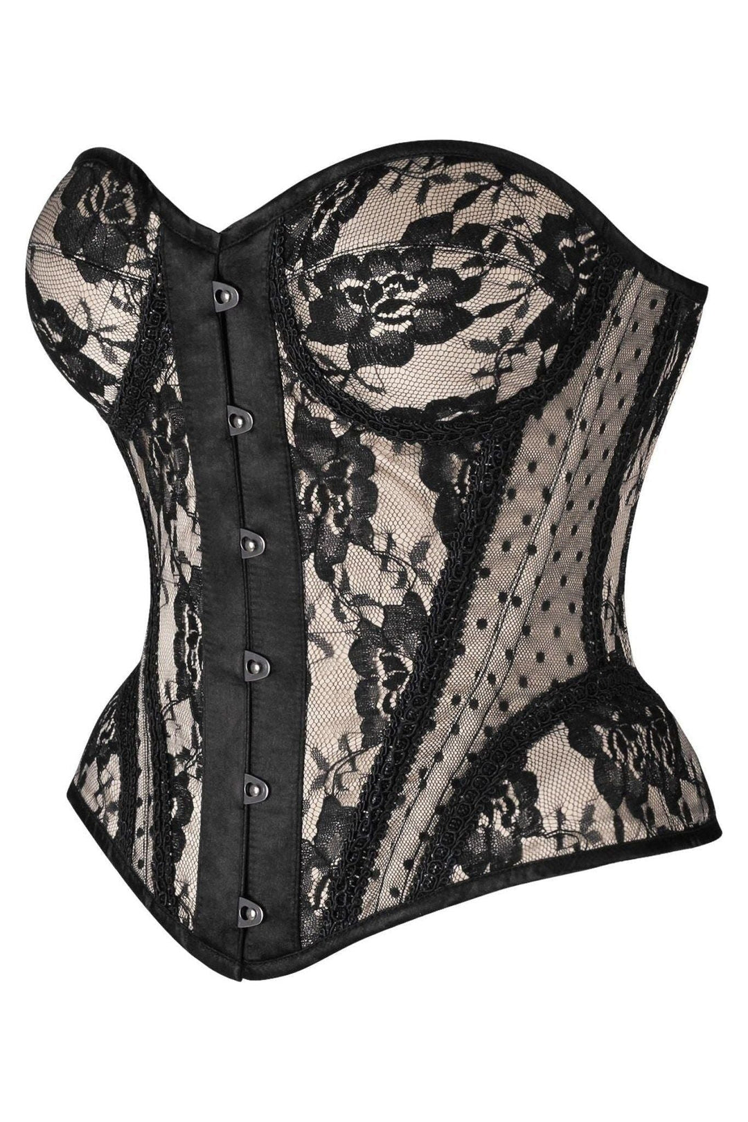 Daisy Corsets Top Drawer Nude w/Black Lace Steel Boned Underwire Bustier Corset in Ivory