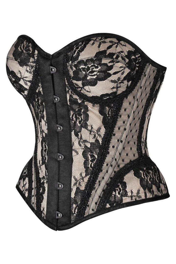 Daisy Corsets Top Drawer Nude w/Black Lace Steel Boned Underwire Bustier Corset in Ivory
