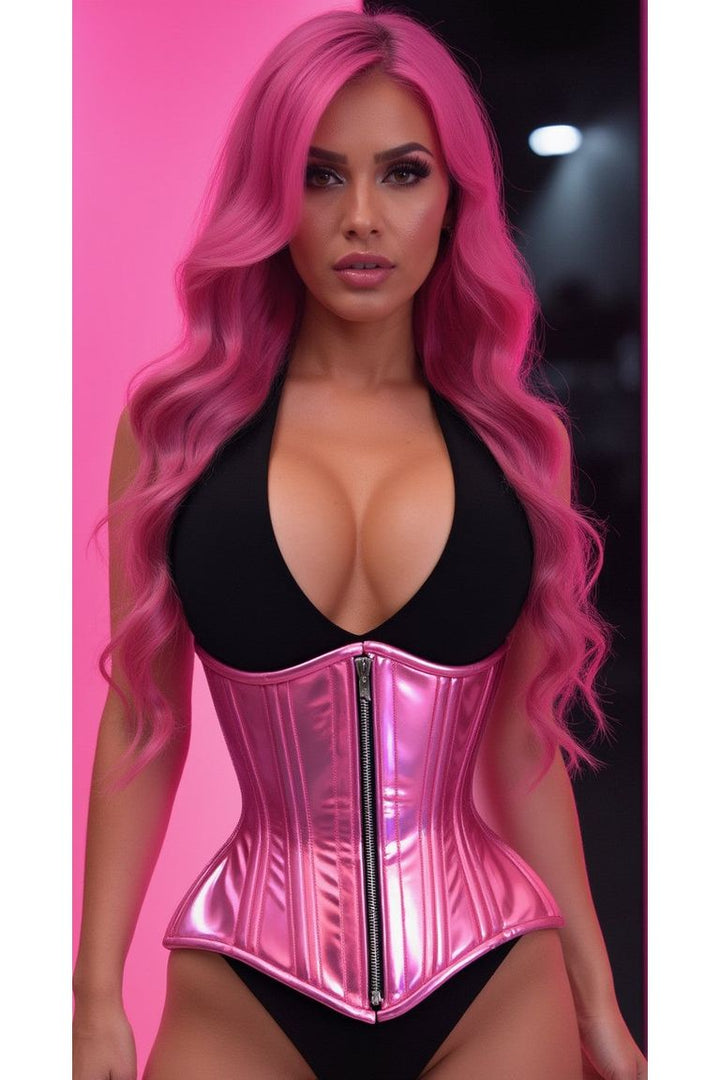 Top Drawer Pink Holo Double Steel Boned Underbust Waist Cincher Corset-Waist Cinchers-SEXYSHOES.COM