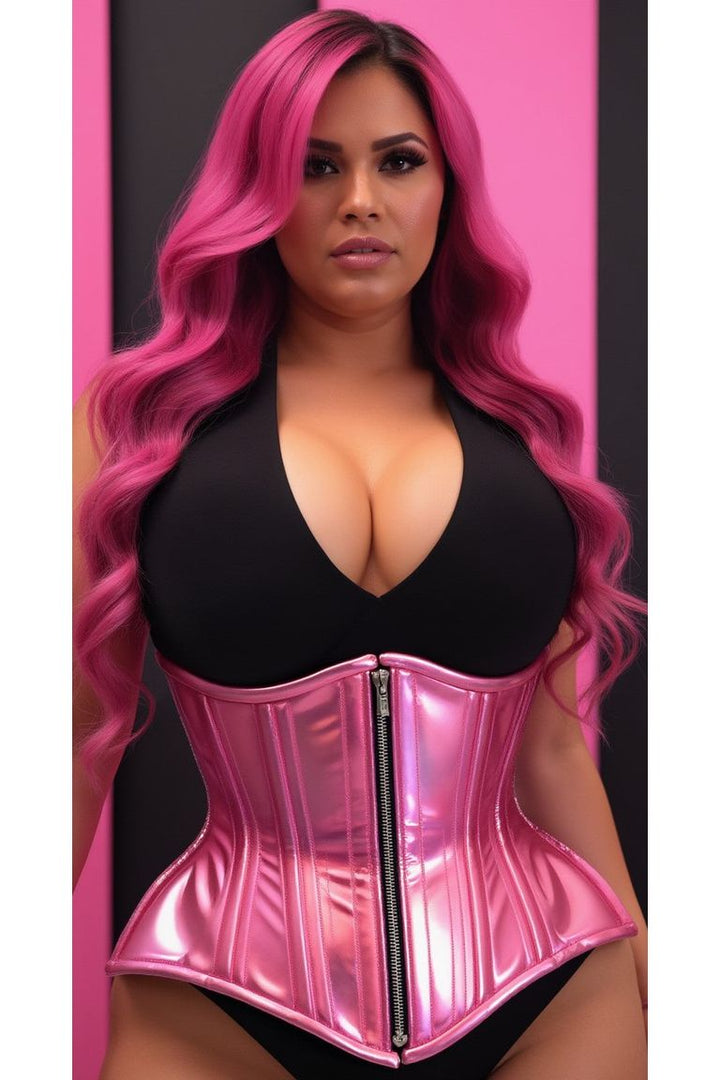 Top Drawer Pink Holo Double Steel Boned Underbust Waist Cincher Corset-Waist Cinchers-SEXYSHOES.COM