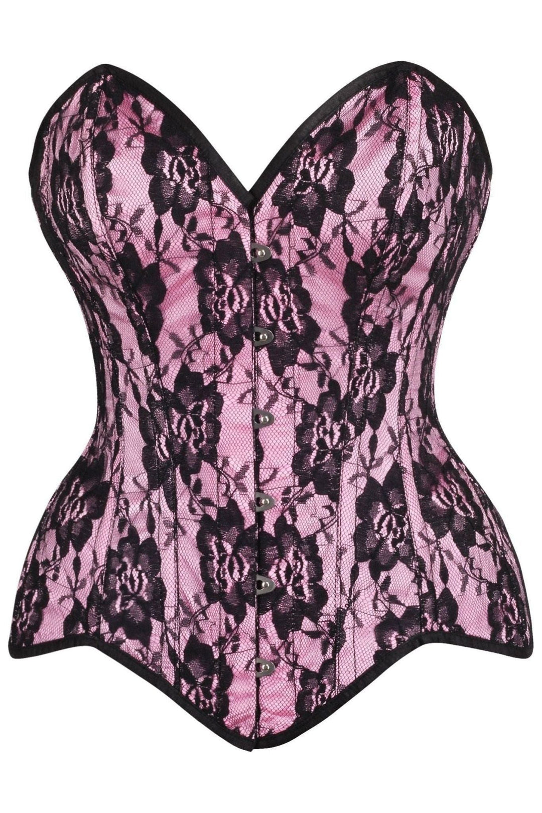 Daisy Corsets Top Drawer Pink Satin w/Black Lace Overlay Steel Boned Overbust Corset in Pink  from SexyShoes.com