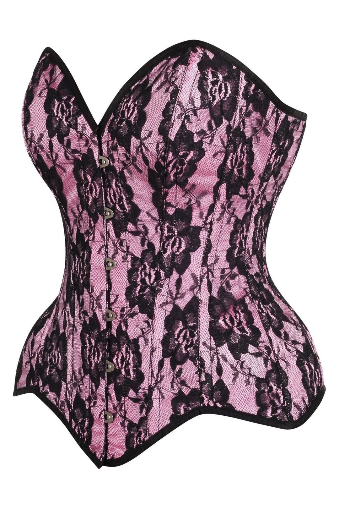 Daisy Corsets Top Drawer Pink Satin w/Black Lace Overlay Steel Boned Overbust Corset in Pink