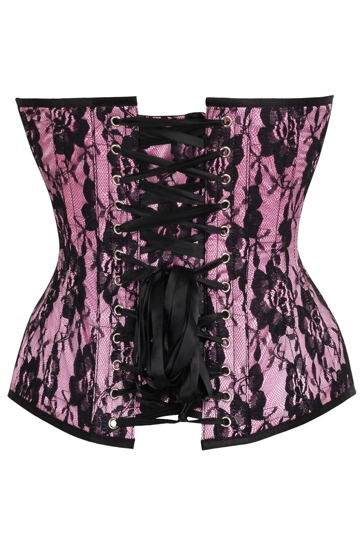 Daisy Corsets Top Drawer Pink Satin w/Black Lace Overlay Steel Boned Overbust Corset in Pink