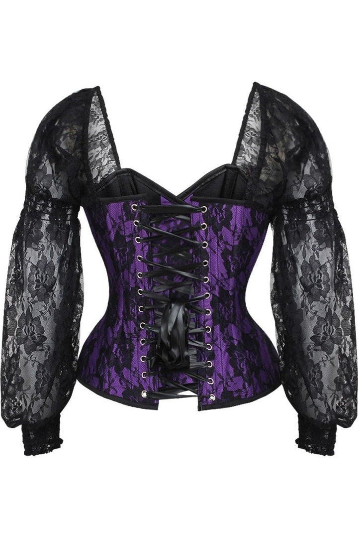 Top Drawer Purple w/Black Lace Steel Boned Long Sleeve Corset-Overbust Corsets-SEXYSHOES.COM