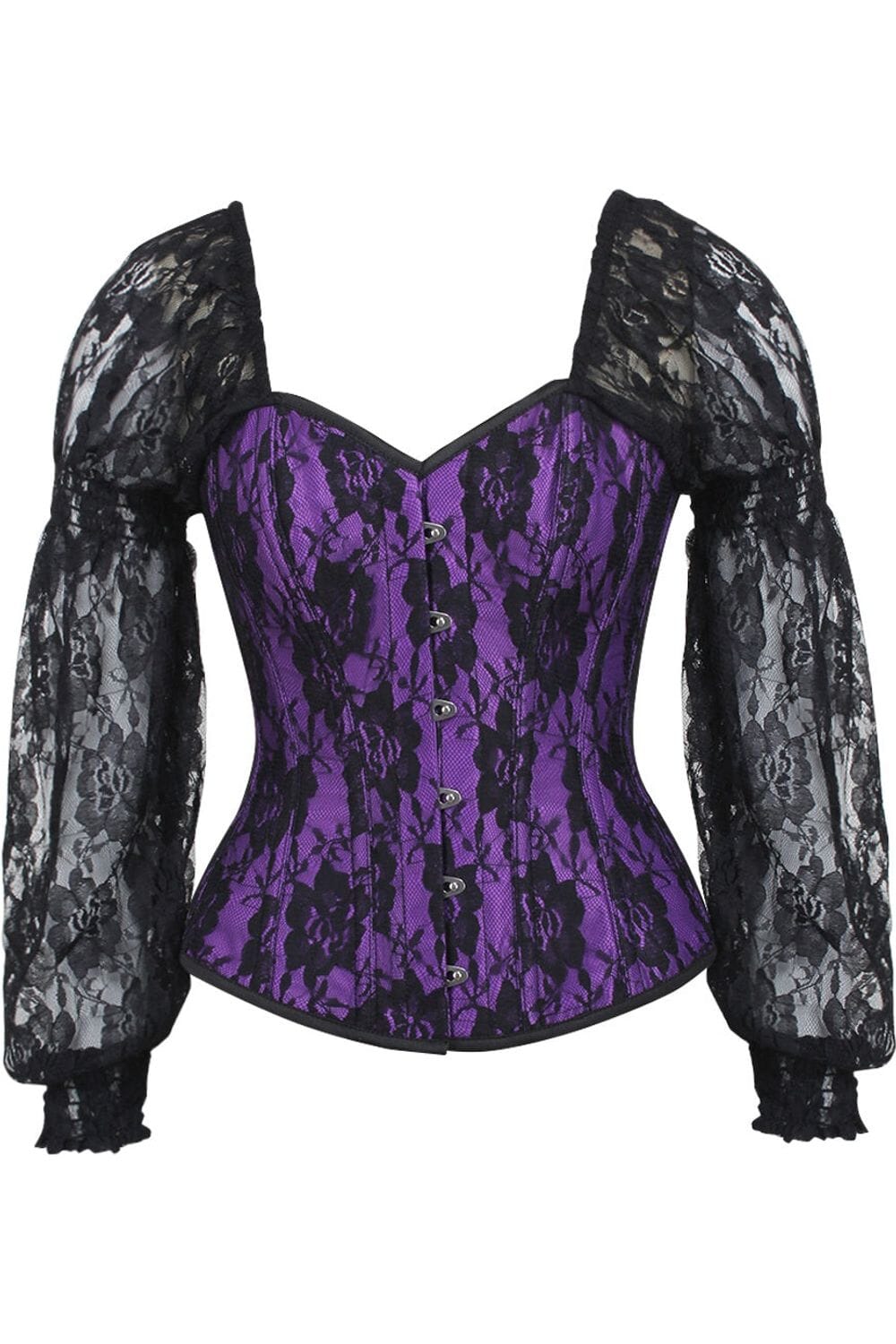 Top Drawer Purple w/Black Lace Steel Boned Long Sleeve Corset-Overbust Corsets-SEXYSHOES.COM