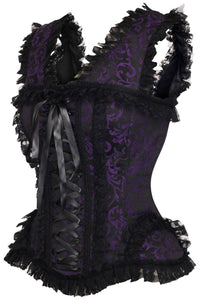 Daisy Corsets Top Drawer Purple/Black Swirl Brocade & Lace Steel Boned Corset w/Cap Sleeves in Purple