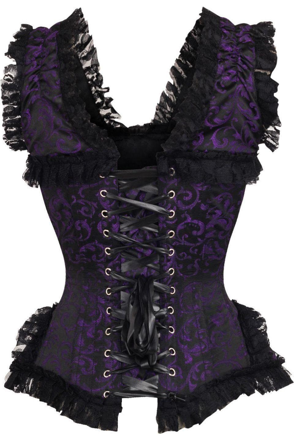 Daisy Corsets Top Drawer Purple/Black Swirl Brocade & Lace Steel Boned Corset w/Cap Sleeves in Purple