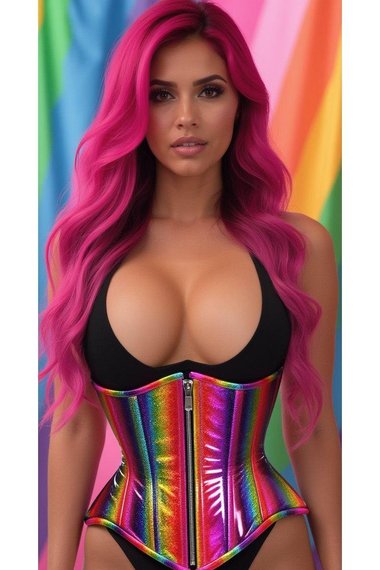 Top Drawer Rainbow Glitter Double Steel Boned Underbust Waist Cincher Corset-Waist Cinchers-SEXYSHOES.COM