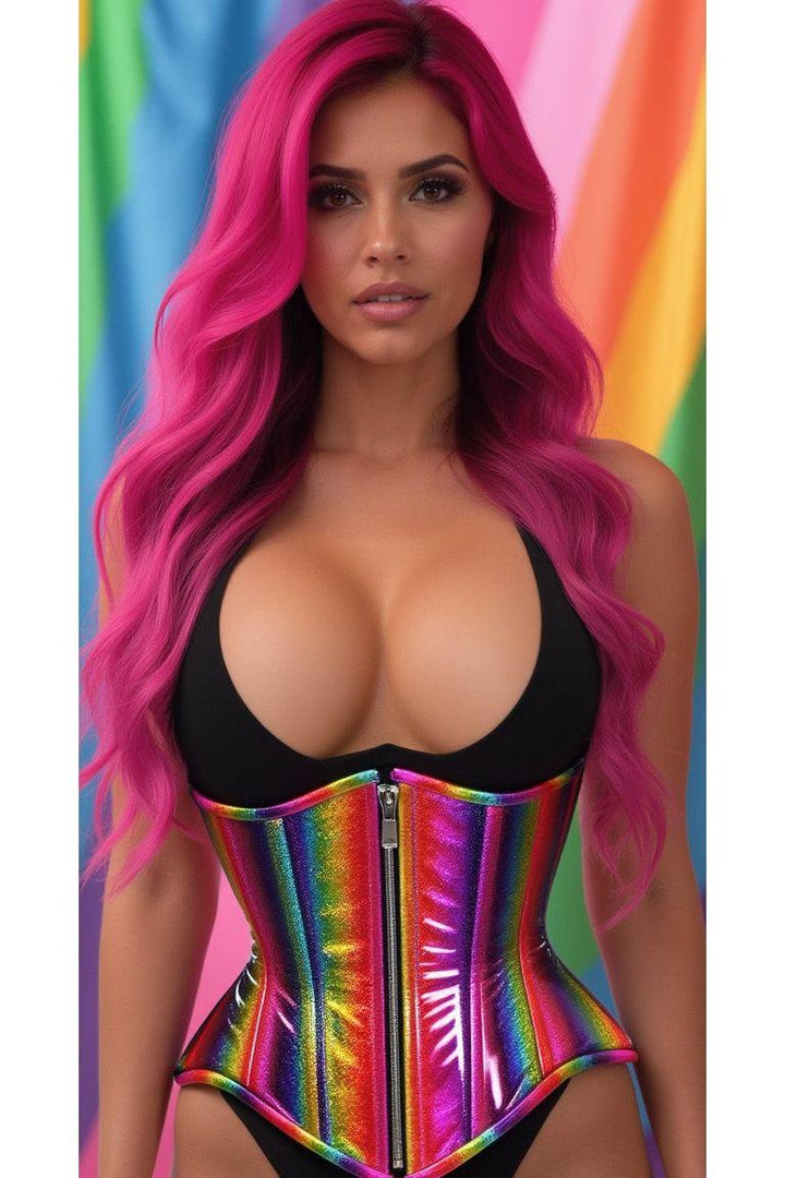 Top Drawer Rainbow Glitter Double Steel Boned Underbust Waist Cincher Corset-Waist Cinchers-SEXYSHOES.COM