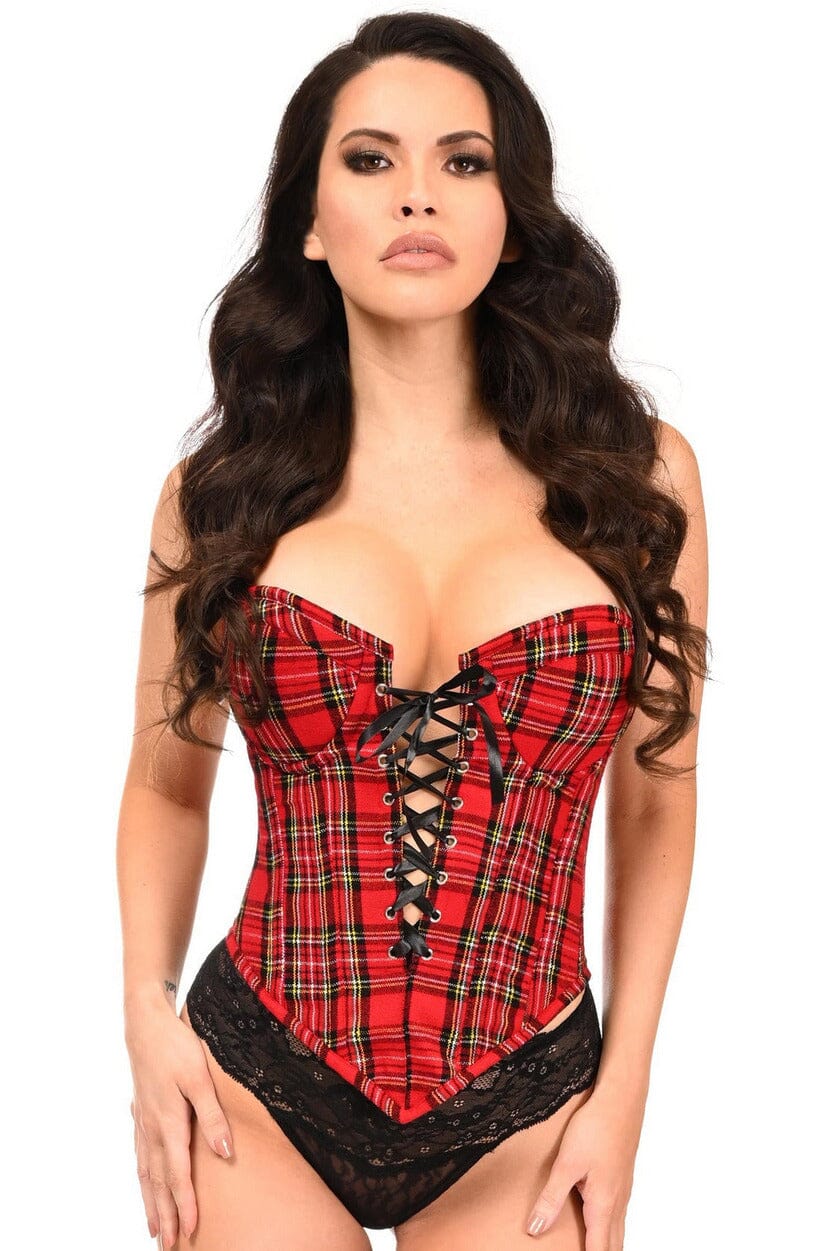 Top Drawer Red Plaid Steel Boned Lace-Up Bustier-Bustier Tops-SEXYSHOES.COM