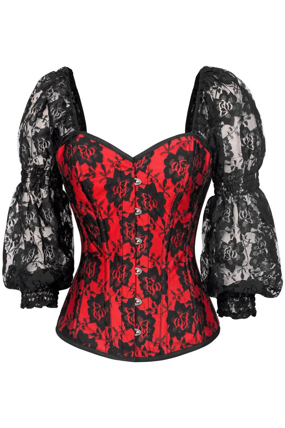 Top Drawer Red w/Black Lace Steel Boned Long Sleeve Corset-Overbust Corsets-SEXYSHOES.COM