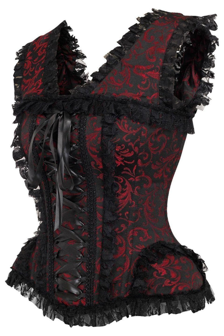 Top Drawer Red/Black Swirl Brocade & Lace Steel Boned Corset w/Cap Sleeves-Overbust Corsets-SEXYSHOES.COM