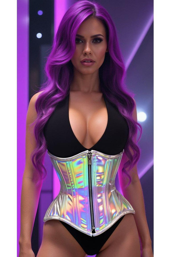 Top Drawer Silver Holo Double Steel Boned Underbust Waist Cincher Corset-Waist Cinchers-SEXYSHOES.COM