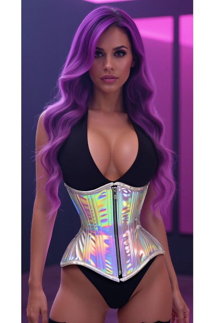 Top Drawer Silver Holo Double Steel Boned Underbust Waist Cincher Corset-Waist Cinchers-SEXYSHOES.COM
