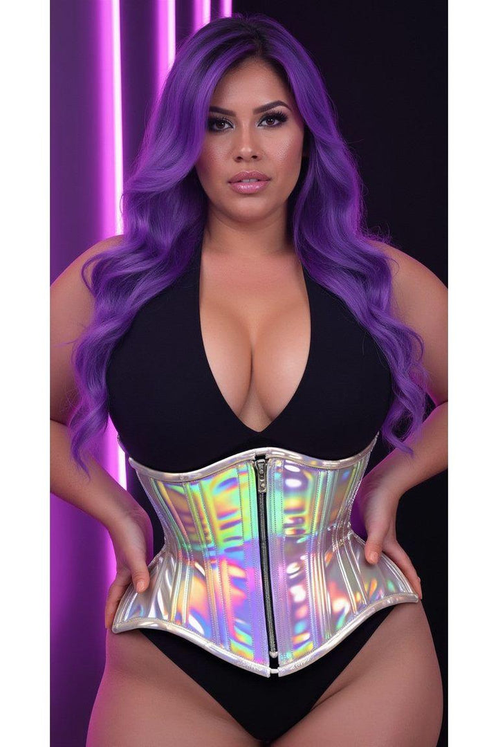 Top Drawer Silver Holo Double Steel Boned Underbust Waist Cincher Corset-Waist Cinchers-SEXYSHOES.COM