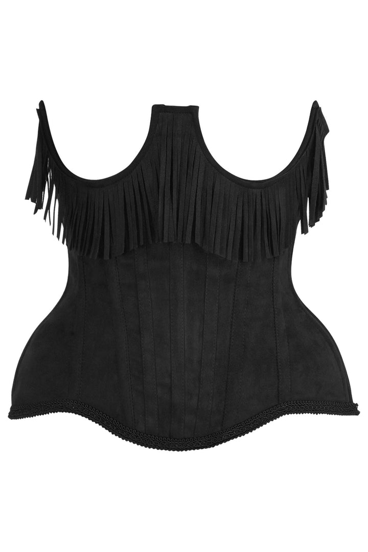 Top Drawer Steel Boned Black Suede Underwire Underbust Corset Cincher w/Fringe-Waist Cinchers-SEXYSHOES.COM