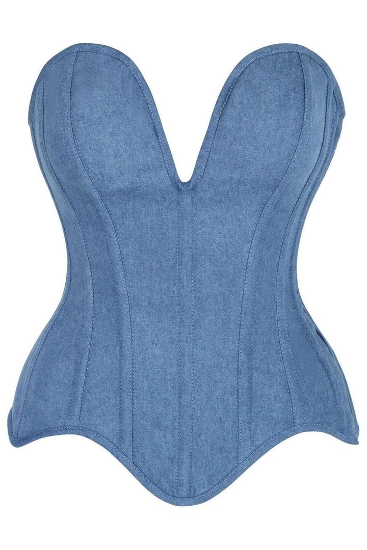 Daisy Corsets Top Drawer Steel Boned Blue Denim Plunge Neckline Overbust Corset in Blue  from SexyShoes.com