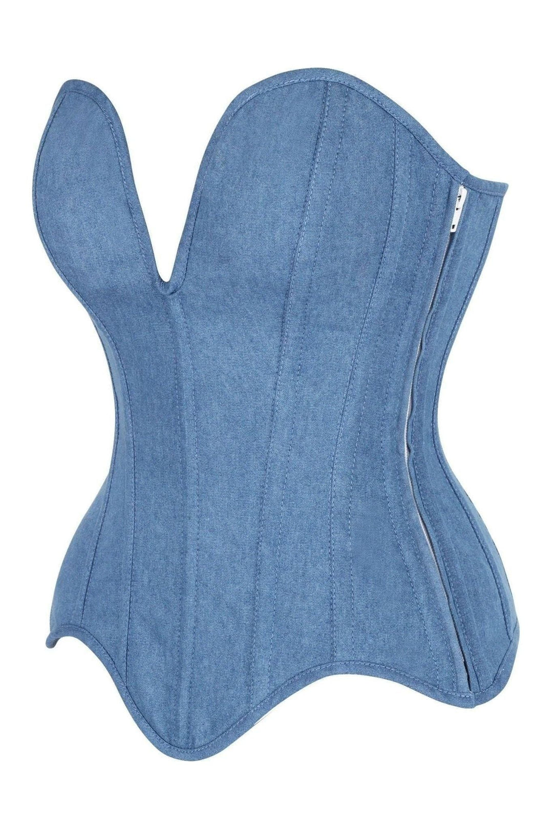 Daisy Corsets Top Drawer Steel Boned Blue Denim Plunge Neckline Overbust Corset in Blue