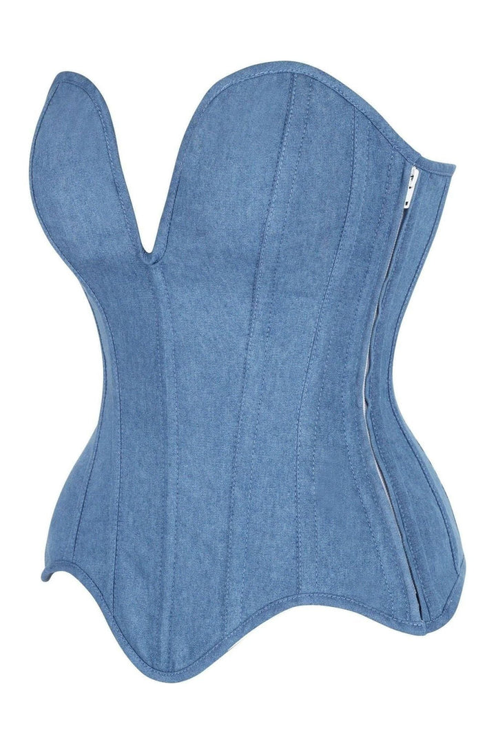 Daisy Corsets Top Drawer Steel Boned Blue Denim Plunge Neckline Overbust Corset in Blue