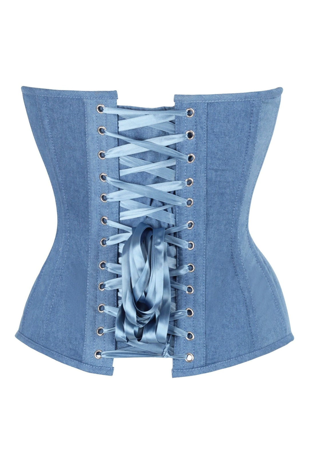 Daisy Corsets Top Drawer Steel Boned Blue Denim Plunge Neckline Overbust Corset in Blue