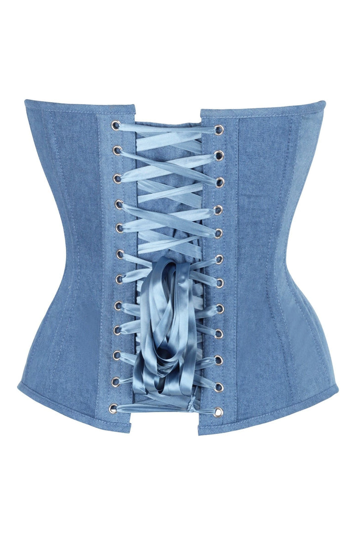 Daisy Corsets Top Drawer Steel Boned Blue Denim Plunge Neckline Overbust Corset in Blue