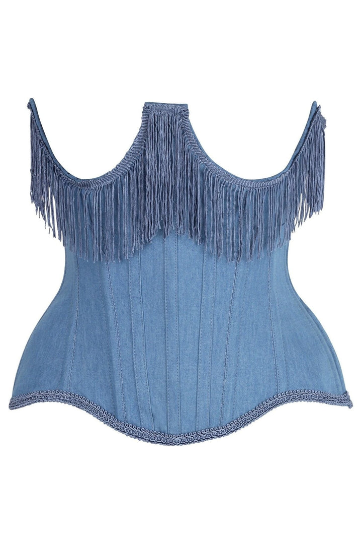 Top Drawer Steel Boned Blue Denim Underwire Underbust Corset Cincher w/Fringe-Waist Cinchers-SEXYSHOES.COM