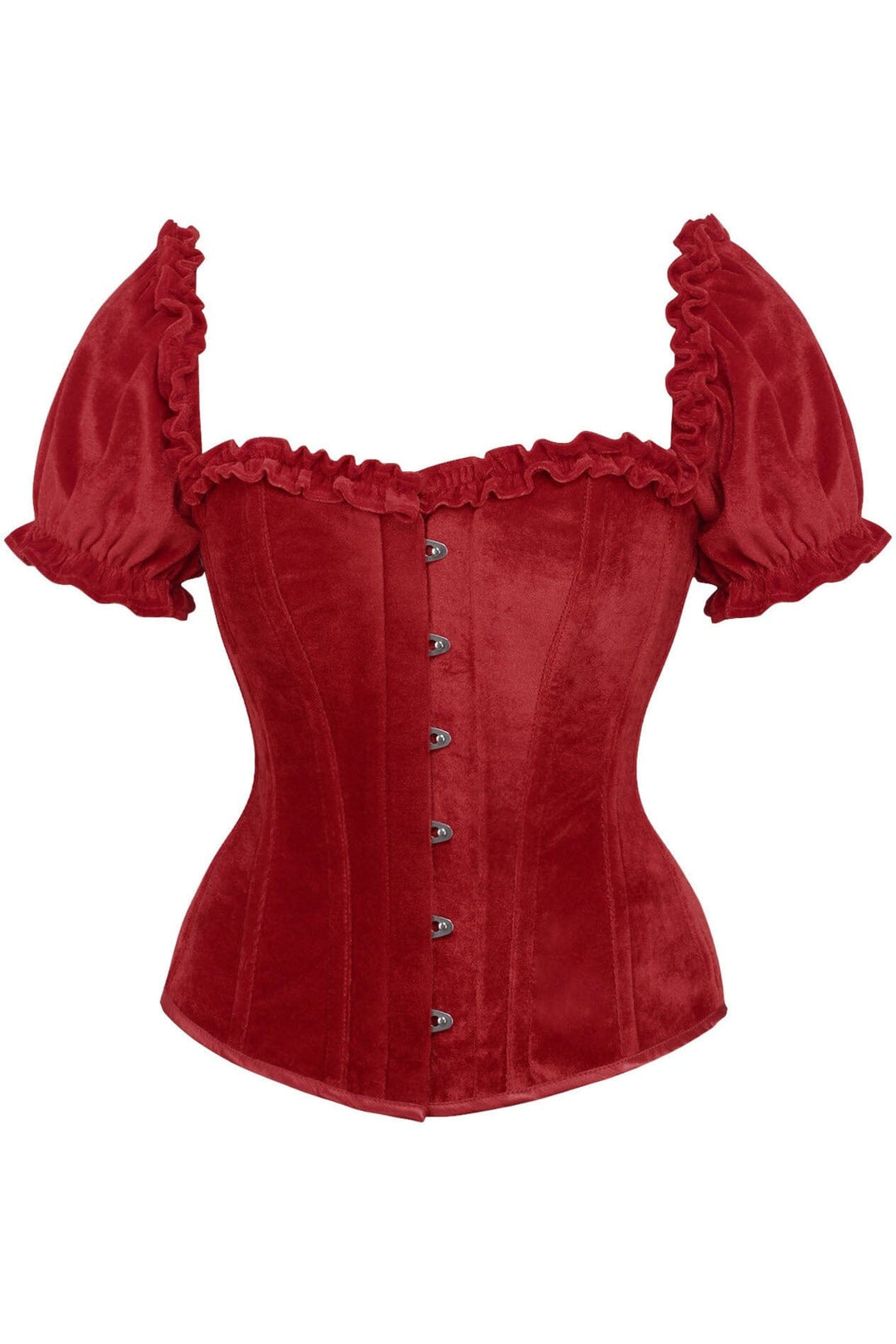 Top Drawer Steel Boned Dark Red Velvet Overbust Corset w/Sleeves-Overbust Corsets-SEXYSHOES.COM