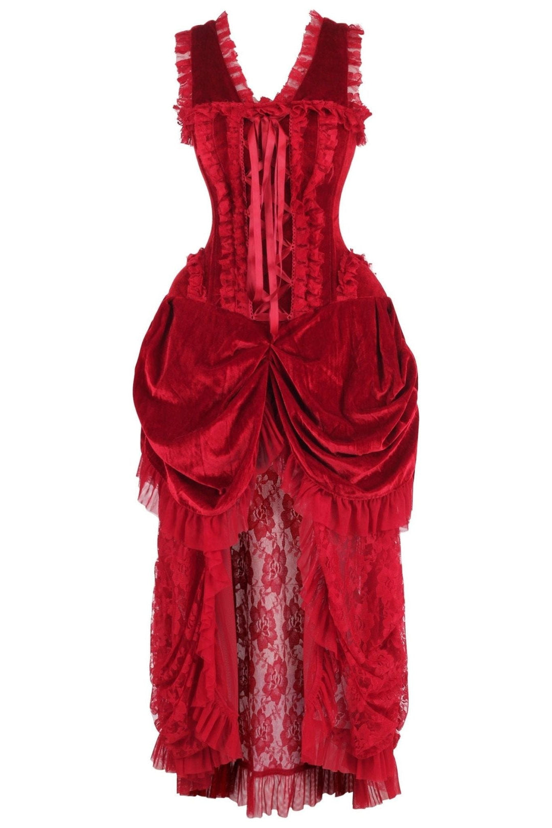 Daisy Corsets Top Drawer Steel Boned Dark Red Velvet Victorian Bustle Corset Dress in Red  from SexyShoes.com
